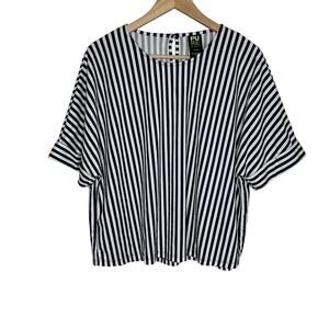 Pure Essence Short Sleeve Top Womens Medium Navy White Stripe Boxy Casual